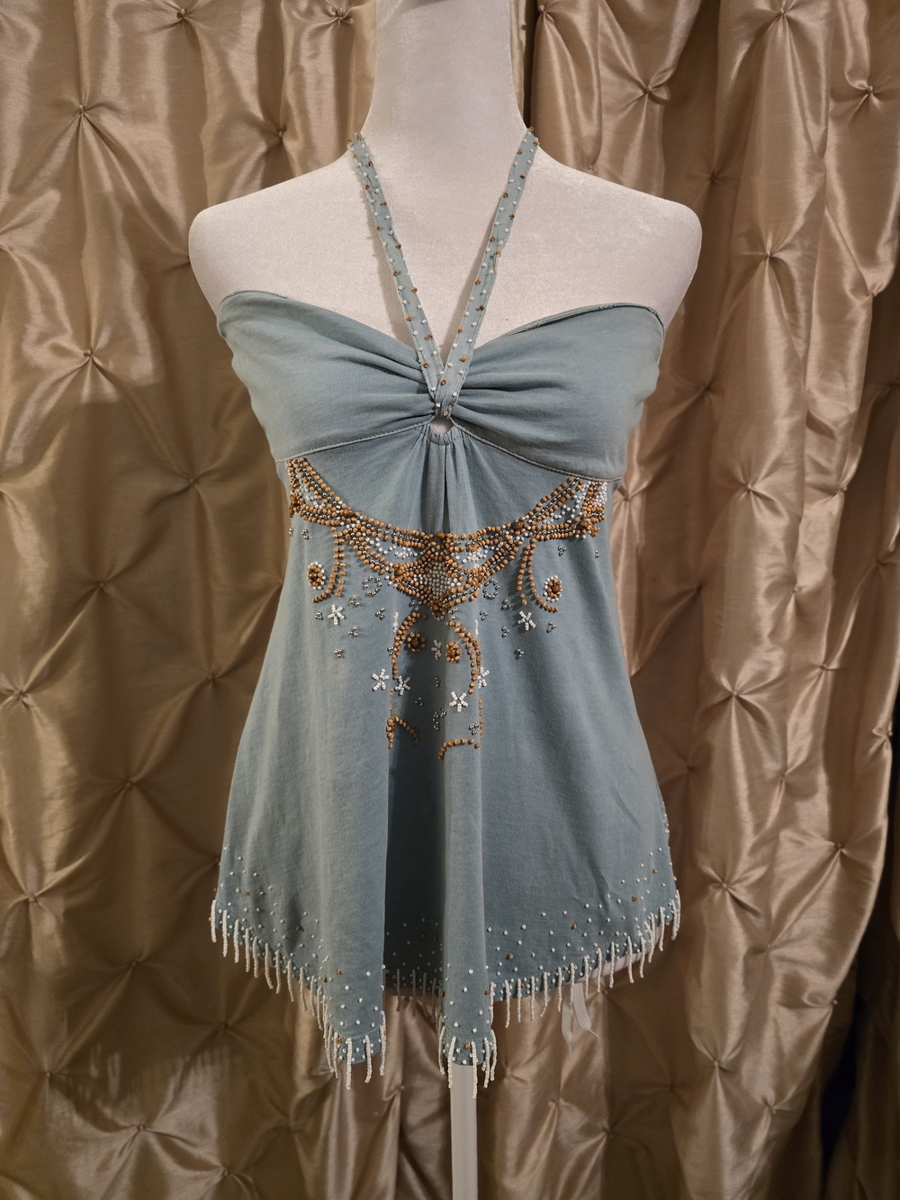 LaRok Dusty Blue Beaded Halter Camisole